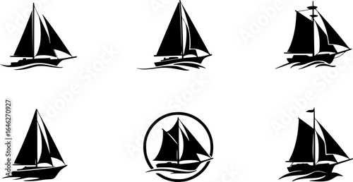 Sail boat logo silhouette vector design, sail boat logo icon silhouette, sailboat sailing ship logo vector illustration, sailboat and sailing ship vector silhouette logo design on white background	