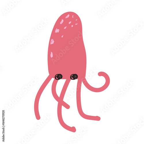 Cute squid. Hand drawn marine animal. Underwater wildlife for kids design, games, educational projects. Vector illustration isolated on white background.