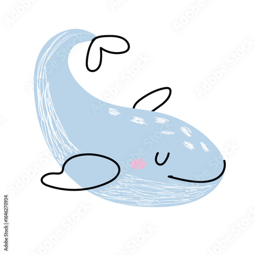 Hand drawn blue whale. Cute smiling marine giant. Ocean creature for kids design, nursery decor. Vector illustration isolated on white background.