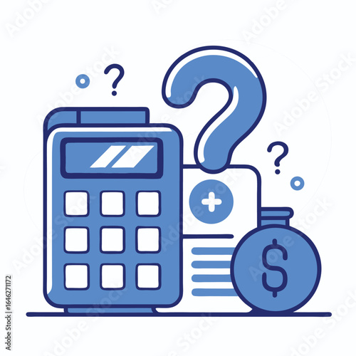 A cost estimate icon showing a light blue calculator with a dark blue question mark above it and a light blue dollar sign next to it. on white background