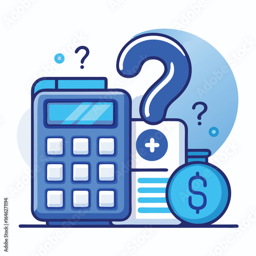 A cost estimate icon showing a light blue calculator with a dark blue question mark above it and a light blue dollar sign next to it. on white background