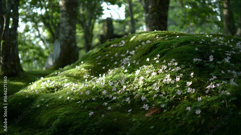 Fototapeta premium Mossy knoll blanketed with small white flowers.