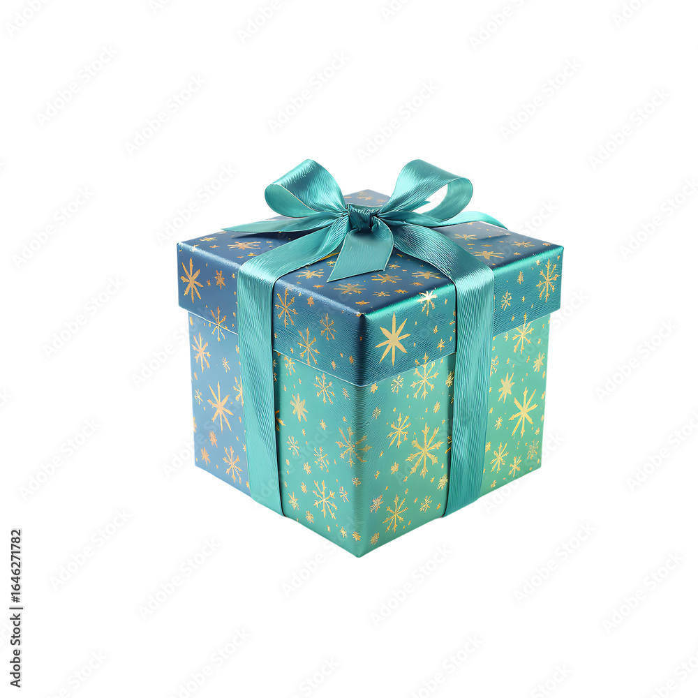 Obraz premium Festive Gift Box with Turquoise Ribbon and Snowflake Accents