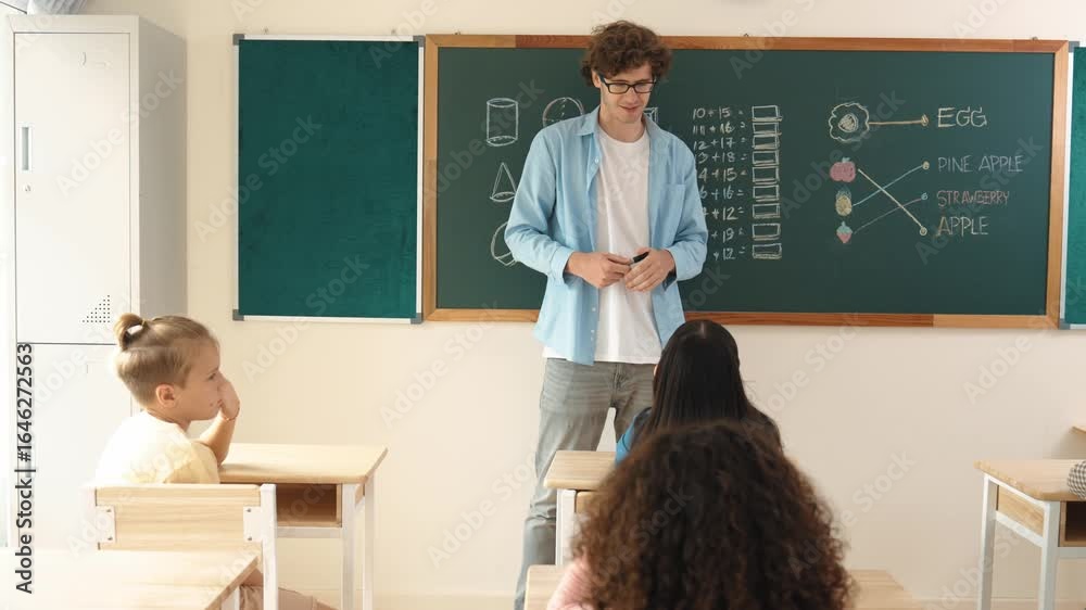 Professional mentor looking around classroom while standing in front of blackboard with math formula or theory. Diverse elementary student learning or studying and sitting in Math lesson. Pedagogy. Professional mentor looking around classroom while standing in front of blackboard with math formula or theory. Diverse elementary student learning or studying and sitting in Math lesson. Pedagogy.