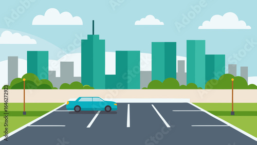 Flat Vector Parking Lot with Skyline in Distance Urban City Design