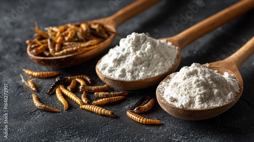 Delicious Edible Mealworms and Flour on Grey Granite Table - Professional Food Photography