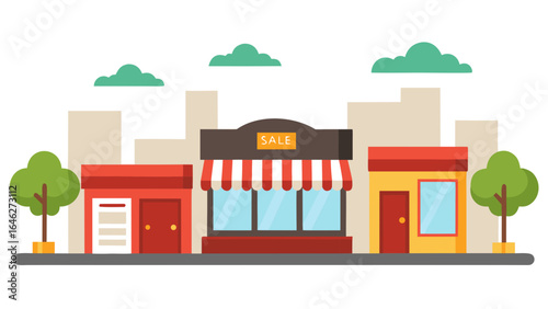 Flat Vector Shopping Street Storefronts Buildings Urban Retail District Scene