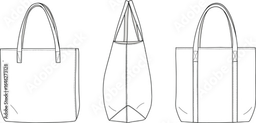 Tote bag sketch, front side back view, reinforced handles, stitching detail, structured design, fashion accessory illustration, template