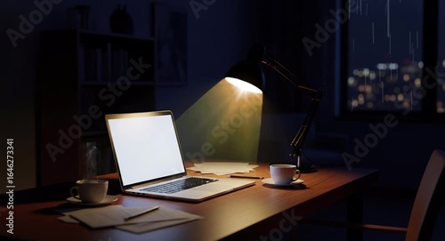 Coffee cup, laptop, and glowing lamp placed on wooden table in cozy room
Seamless looping, virtual video animation background. Generated AI	