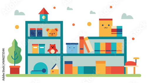 Flat Vector Childrens Playroom with Toys and Books for Learning Fun
