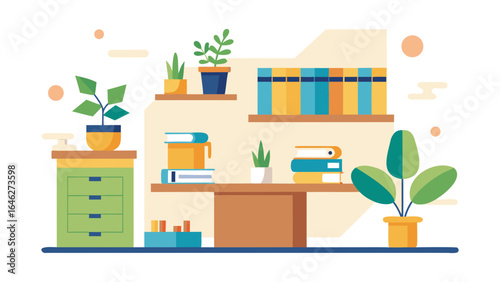 Flat Vector Home Office with Bookshelves and Green Plant Decor Setup