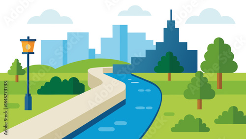 Flat Vector Urban Riverside Walking Path City Nature Graphic Illustration