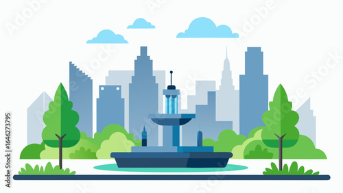 Flat Vector City Skyline Park Fountain Urban Landscape Graphic Illustration