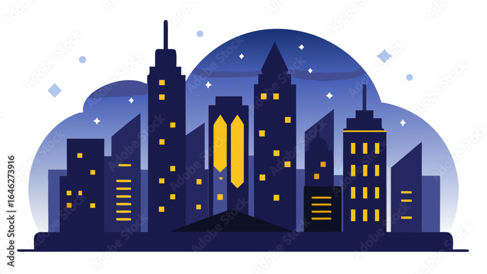 Fototapeta premium Flat Vector Night City Skyline Glowing Windows Urban Landscape Graphic