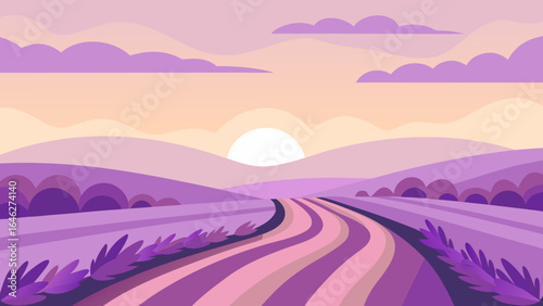 Rolling Lavender Fields Soft Gradient Sunset Nature Graphic Illustration