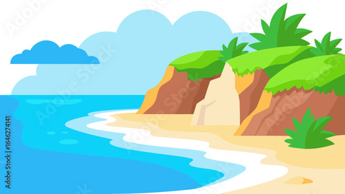 Flat Vector Tropical Beach Cove Cliffs Ocean Nature Graphic Illustration