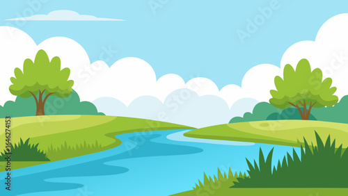 Flat Vector Serene Riverbank Background Nature Graphic Illustration Design