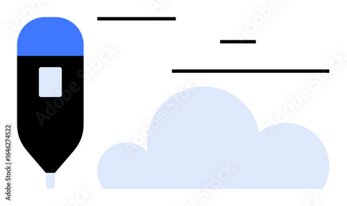 Airship with blue and black structure floating above light clouds, accompanied by simple linear accents. Ideal for travel, innovation, aviation, exploration, minimalism, creativity, simple landing
