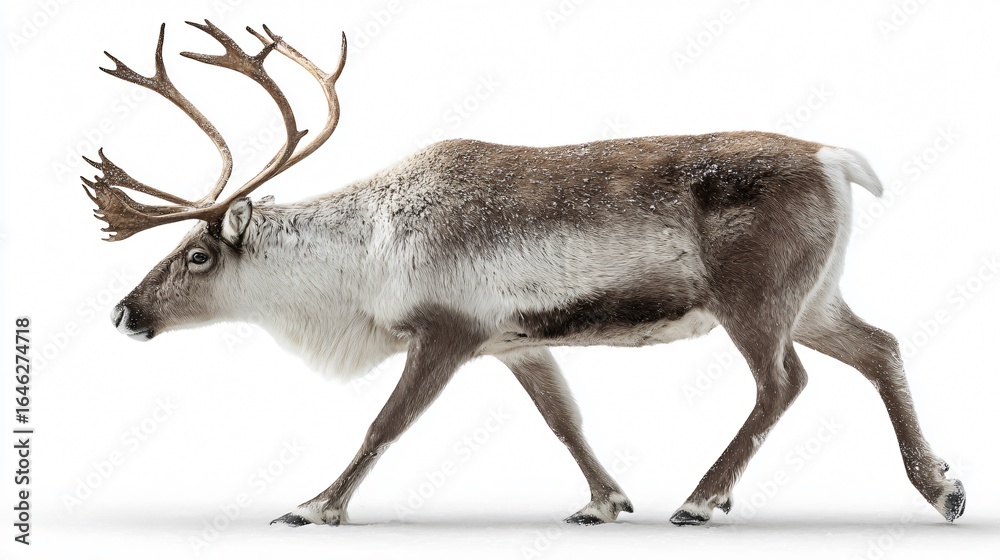 Naklejka premium Graceful Reindeer in Motion on White Background