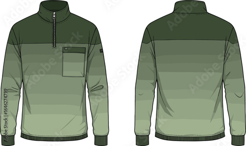 Gradient pullover sketch, partial zip design, front and back view, ribbed cuffs and hem, chest pocket, sleeve logo, fashion template