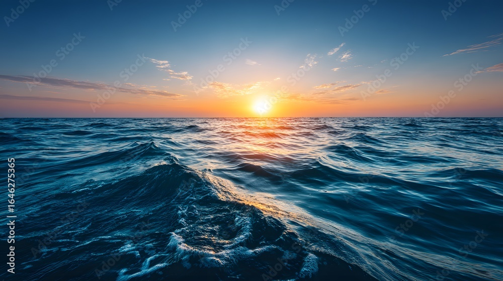 Obraz premium Wide ocean waves at sunrise.