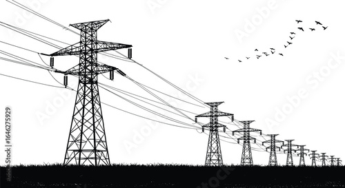 High-voltage power transmission towers, electricity pylons, energy lines, grassy field, birds flying, industrial landscape, infrastructure vector illustration