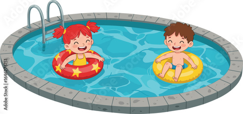 Cartoon kids in swimming pool, summer fun, inflatable rings, redhead girl, brown-haired boy, water play, stone border, vector art