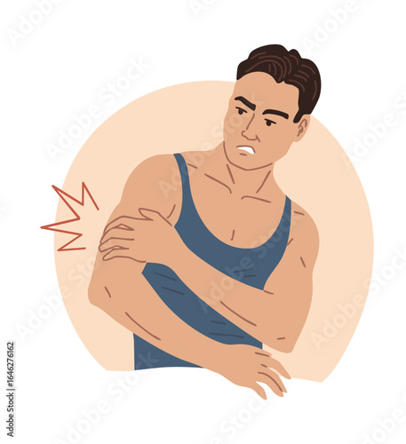Vector illustration of a man holding his shoulder due to muscle strain, rotator cuff injury, or sports injury. Isolated medical health concept