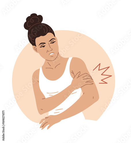 Vector illustration of a woman with shoulder pain from rotator cuff injury or muscle strain. Isolated medical concept for joint and muscle problems