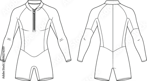 Wetsuit technical drawing, front and back view, long sleeve short leg design, zipper closure, panel stitching, garment template