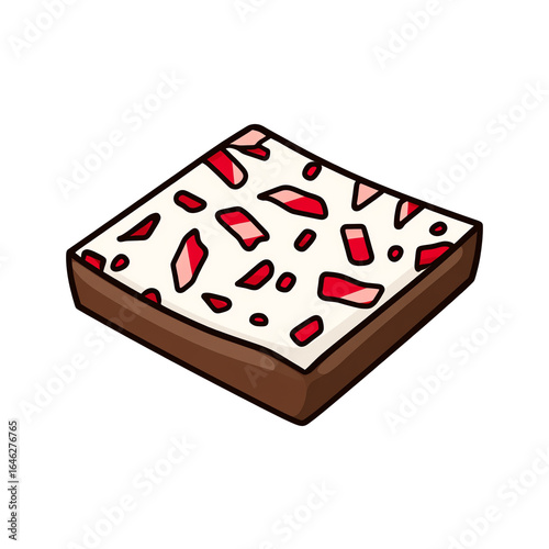 Chocolate fudge square with peppermint candy pieces and drizzle, 3D render — white isolated background