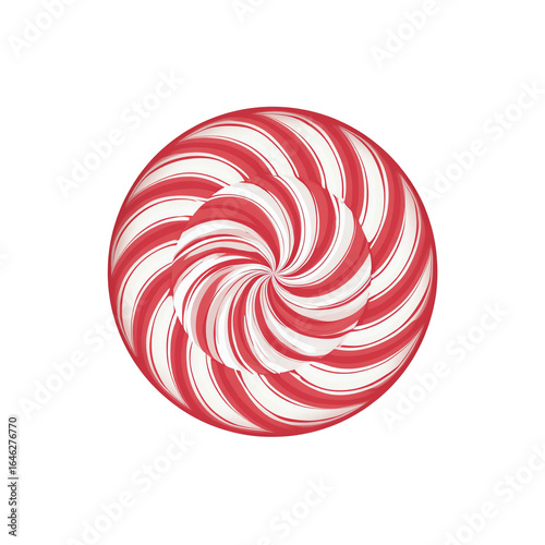 Red and white peppermint swirl candy, round flat vector — white isolated background