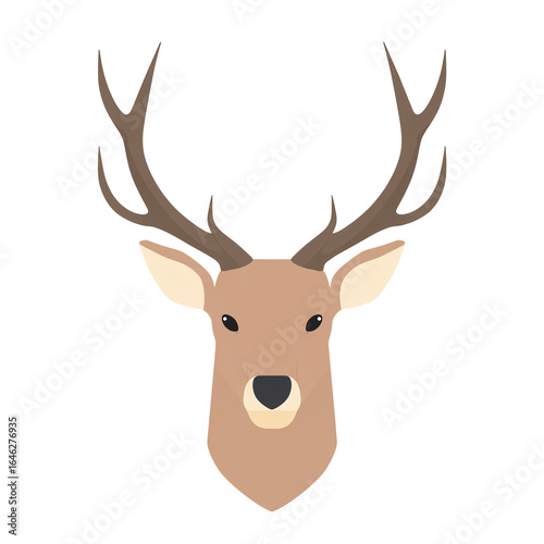 Brown deer head with large antlers, flat vector style — white isolated background