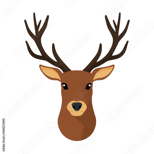 Brown deer head with slender antlers, flat vector icon — white isolated background