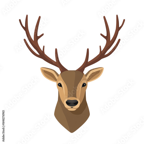 Brown deer head with large antlers, flat vector icon — white isolated background