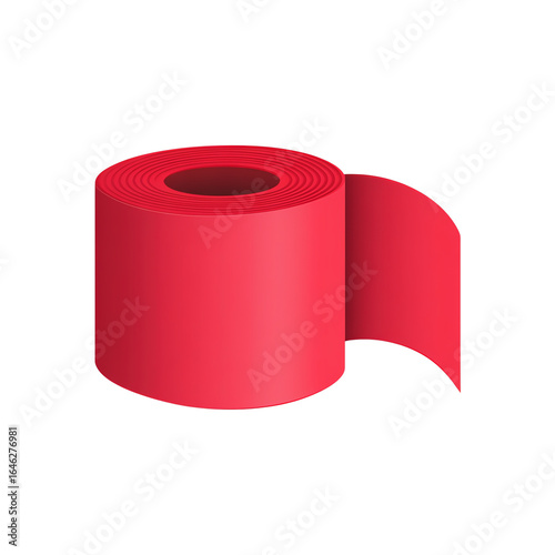 Red ribbon roll with loose end, cylindrical spool, 3D render — white isolated background