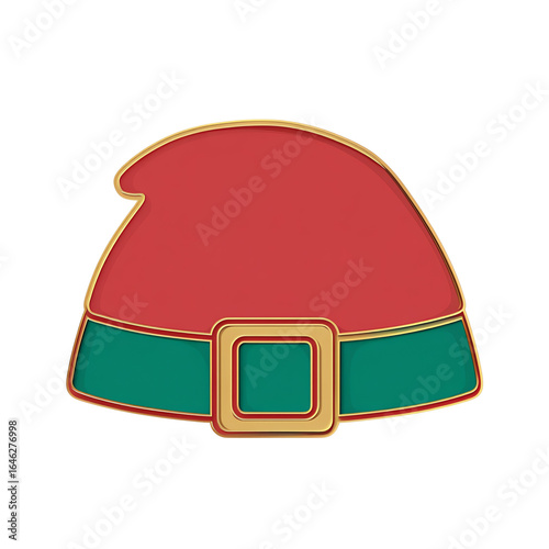 Red elf hat with green band and gold buckle, rounded shape, 3D render — white isolated background