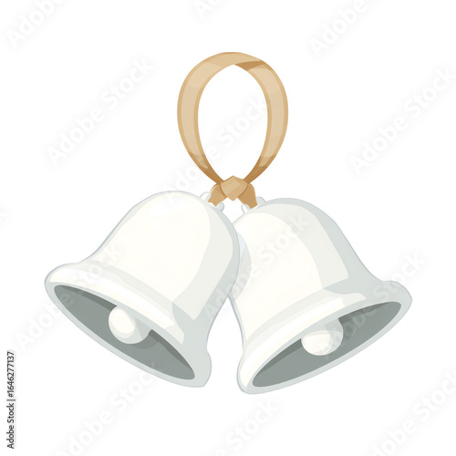Pair of white jingle bells with tan loop, glossy finish — white isolated background