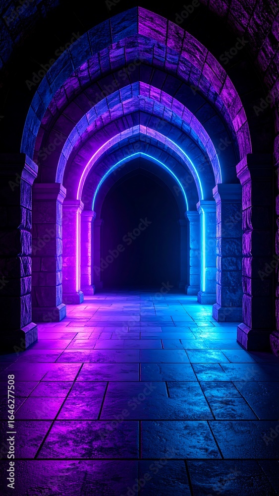 Naklejka premium Dark arched passageway with neon light
