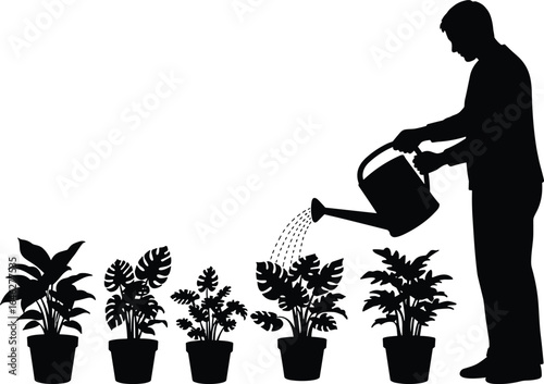 Silhouette of person watering plants, gardening care, indoor foliage, houseplant maintenance, watering can, nurturing growth, plant lover, botanical art
