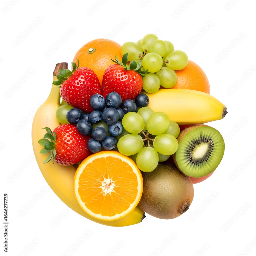 A vibrant assortment of fresh fruits arranged circularly A vibrant assortment of fresh fruits arranged circularly