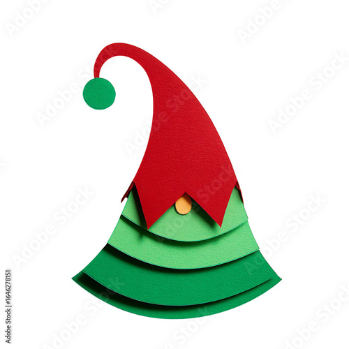 Paper-craft elf hat with bell, isolated on transparent background