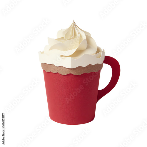 Hot chocolate with whipped cream in red paper cup, isolated on transparent background