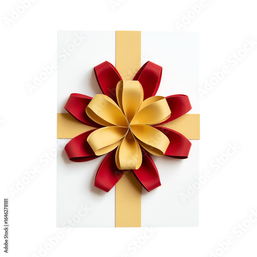 Paper-craft gift bow with gold ribbon, isolated on transparent background