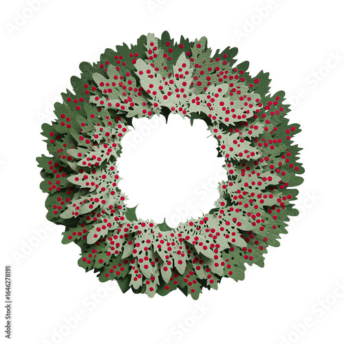 Full green wreath with red pepper-berry speckles, isolated on transparent background