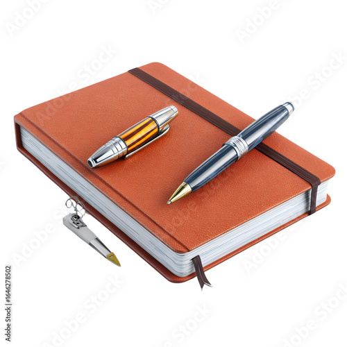 Elegant leather bound journal with two sophisticated pens resting on the cover isolated on transparent background