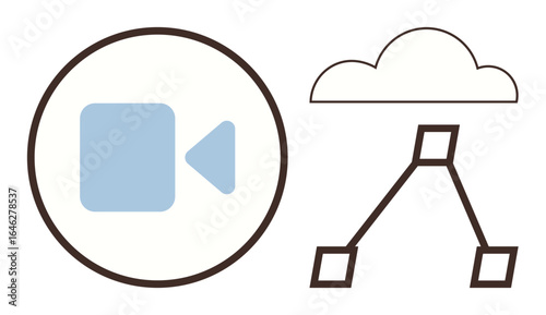 Cloud diagram connected to nodes alongside a video icon in a circle. Ideal for communication, storage, technology, data sharing, cloud computing, media management, simple flat metaphor