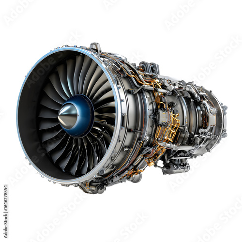 Detailed view of a powerful modern jet engine turbine with intricate metal components and fan blades isolated on transparent background