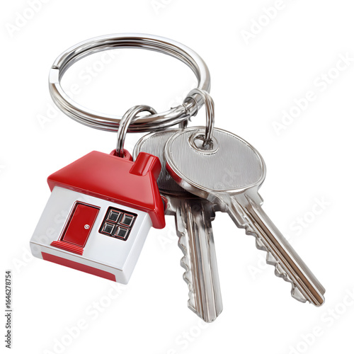 A silver keyring holds a small red and white house shaped charm and two metal keys isolated on transparent background