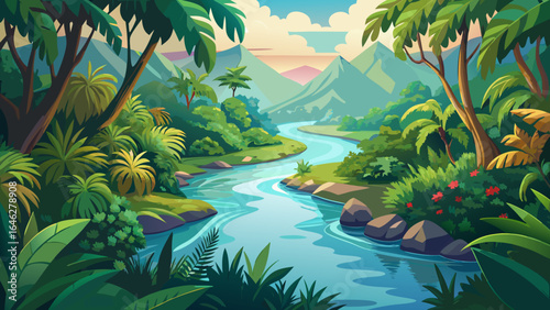 A lush tropical river winds gently through dense greenery, its clear waters gliding past vibrant water plants, reflecting the serene natural setting in a captivating semi-realistic artistic vision.